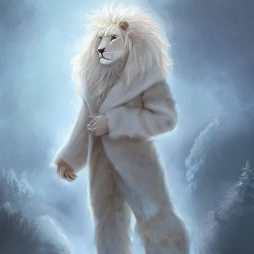 Image similar to aesthetic portrait commission of a albino male furry anthro lion wearing a cozy outfit in the snow pastel, Character design by charlie bowater, ross tran, artgerm, and makoto shinkai, detailed, inked, western comic book art, 2021 award winning painting