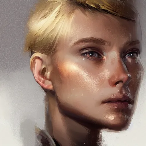 Image similar to Portrait of a woman by Greg Rutkowski, she is about 20 years old, athletic tomboy, attractive, military composure, short blonde hair, russian, she is wearing futuristic military fatigues, highly detailed portrait, digital painting, artstation, concept art, smooth, sharp foccus ilustration, Artstation HQ.