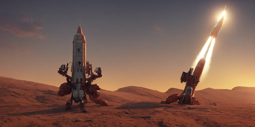 Prompt: a beautiful 3 d render of hard surface soviet rocket mecha, shining its light across a tumultuous desert, sunset, orange glow, by greg rutkowski and thomas kinkade, cryengine, foggy,