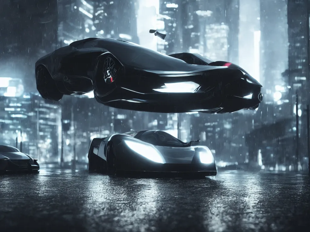 Image similar to Futuristic supercar on wet city streets, mist, volumetric lighting, octane, cyberpunk