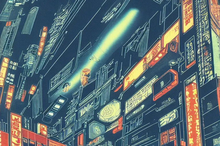 Prompt: cyberpunk buildings with a flight vehicle glowing in the sky, neon sign, bottom view ， bladerunner, by hiroshige utakawa