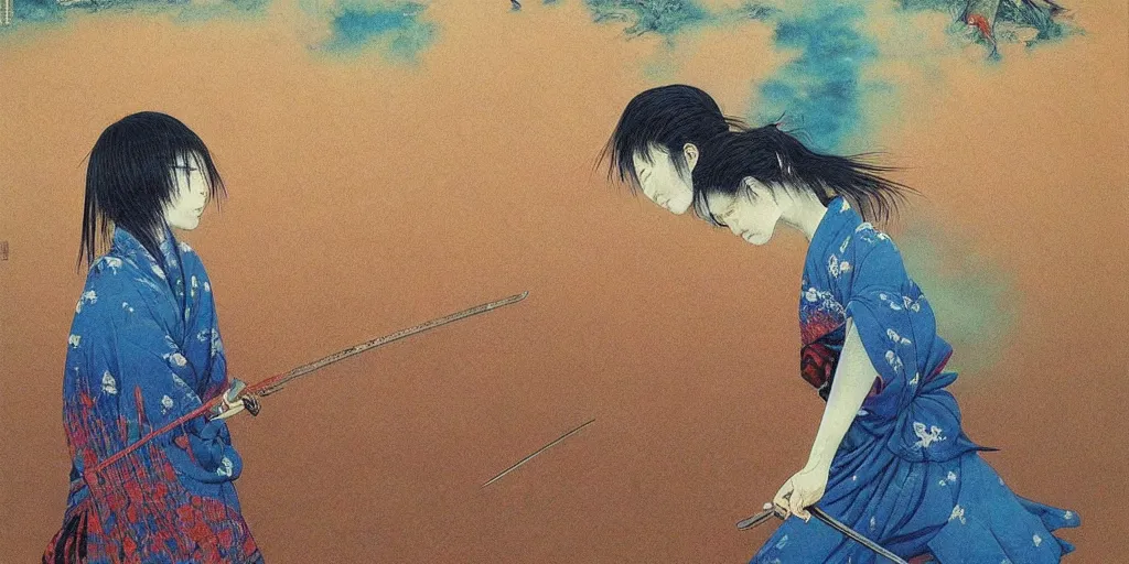 Image similar to Japanese schoolgirl runs away from Samurai with a katana on the subway, high detailed Beksinski painting, part by Adrian Ghenie and Gerhard Richter. art by Takato Yamamoto. deep colours, blue