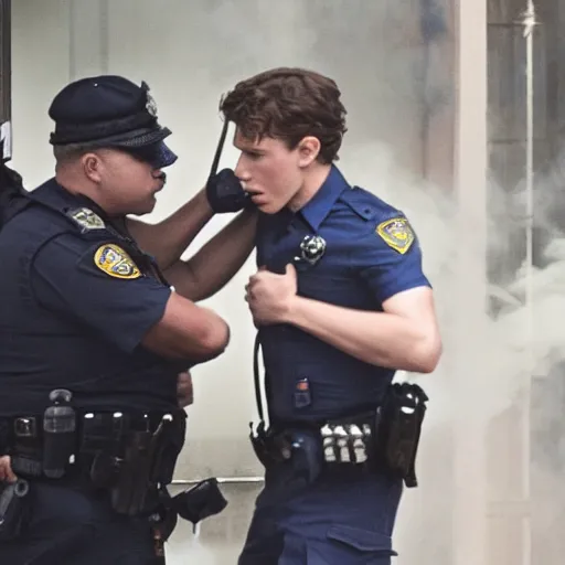 Image similar to tom holland getting arrest while exhaling a cloud of smoke, candid photography