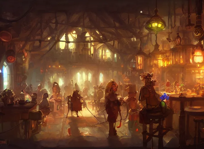 Prompt: A cheerful gnomish steampunk tavern, by Greg Rutkowski and James Gurney, bokeh, trending on Artstation