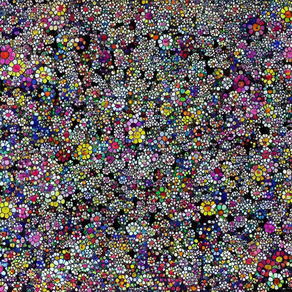 Image similar to camouflage made of flowers, style of takashi murakami, abstract, rei kawakubo artwork, cryptic, dots, stipple, lines, splotch, color tearing, pitch bending, color splotches, dark, ominous, eerie, minimal, points, technical, old painting