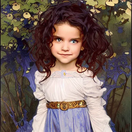 Image similar to a little girl with short wavy curly hair and blue eyes in the most amazing children's halloween costume. painting by artgerm and greg rutkowski and alphonse mucha.