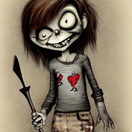 Image similar to grunge cartoon drawing of a cute chucky holding a knife and smiling by - michael karcz , in the style of corpse bride, loony toons style, horror themed, detailed, elegant, intricate