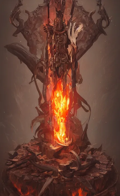 Prompt: dagger with symmetrical dagger features is legendary artifact posed on wooden stand, flames and smoke, front game card, drark, marvel comics, dark, intricate, highly detailed, smooth, artstation, digital illustration by ruan jia and mandy jurgens and artgerm and wayne barlowe and greg rutkowski and zdislav beksinski