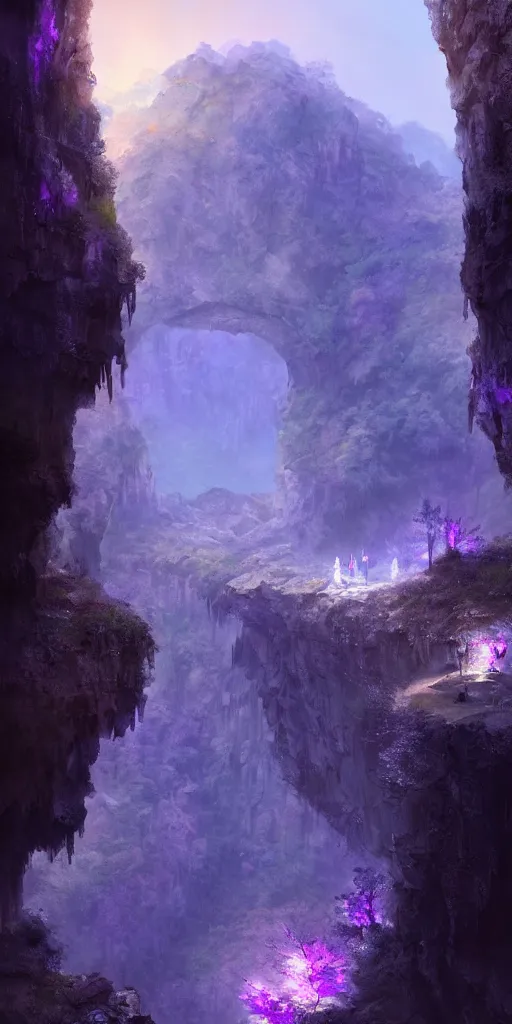 Image similar to Gorge in the mountain, white stone temple ruins, night dramatic lighting, blue and purple tones, wide camera angle, matte painting, trending on ArtStation, concept art, delightful surroundings, high detail