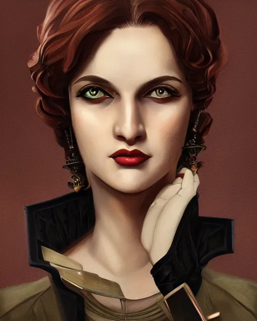 Image similar to portrait of lady dimitrescu from resident evil village, art deco style, beautiful, elegant, mesmerizing, concept art, highly detailed, smooth, fantastical, artstation, deviantart, trending, by tamara de lempick, sana takeda