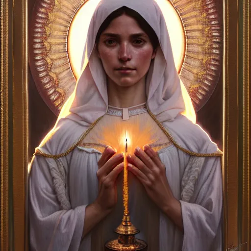 Image similar to portrait painting of a our lady of fatima, ultra realistic, concept art, intricate details, highly detailed, photorealistic, octane render, 8 k, unreal engine. art by artgerm and greg rutkowski and magali villeneuve and alphonse mucha