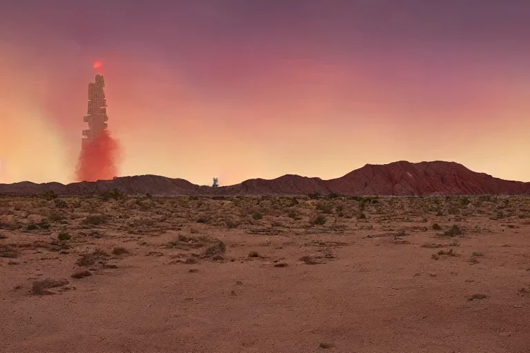 Prompt: apocalyptic dry ground in the desert, babel tower on fire in the background, red sky, beautiful painting