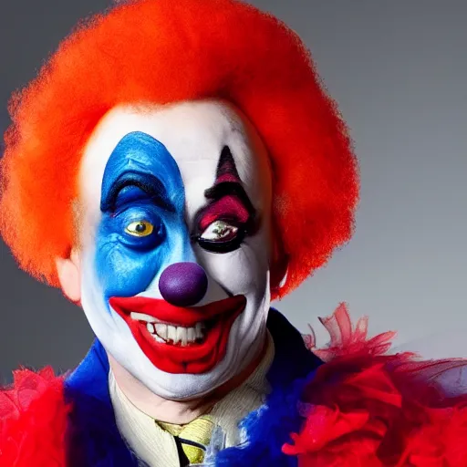 Prompt: UHD candid photo of Vladimir Putin dressed as a clown, wearing accurate clown makeup, accurate face, UHD, photorealistic, correct face, photo by Annie Leibowitz