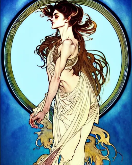 Image similar to in the style of artgerm, arthur rackham, alphonse mucha, phoebe tonkin, symmetrical eyes, symmetrical face, flowing blue skirt, full entire body, hair blowing, intricate filagree, hidden hands, warm colors, cool offset colors