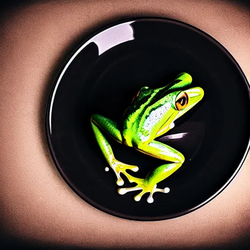 Prompt: frog hovering upside down over a plate with black milk, polaroid photography in style of andrey tarkovski, light caustics, paranormal, spiritual, mystical, sublime