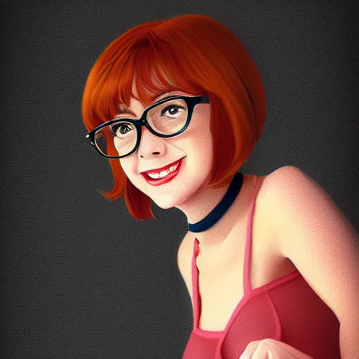 Prompt: portrait of velma from scooby doo, smiling, digital art, beautiful, by artgem and WLOP, trending on artstation, 4k