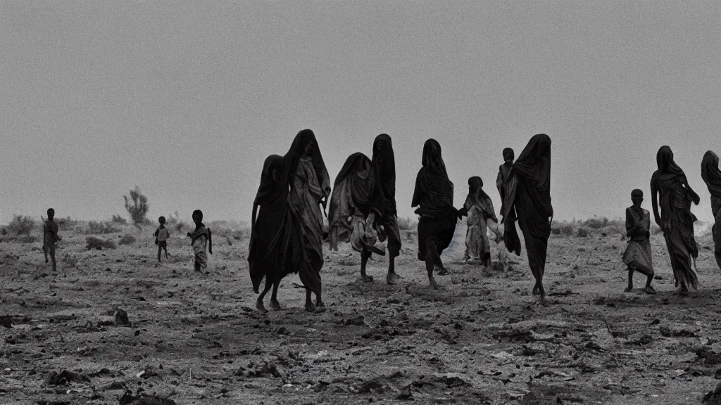 Image similar to 1984 Ethiopian famine and drought, moody, dark, movie scene, depth of field, hd, 4k