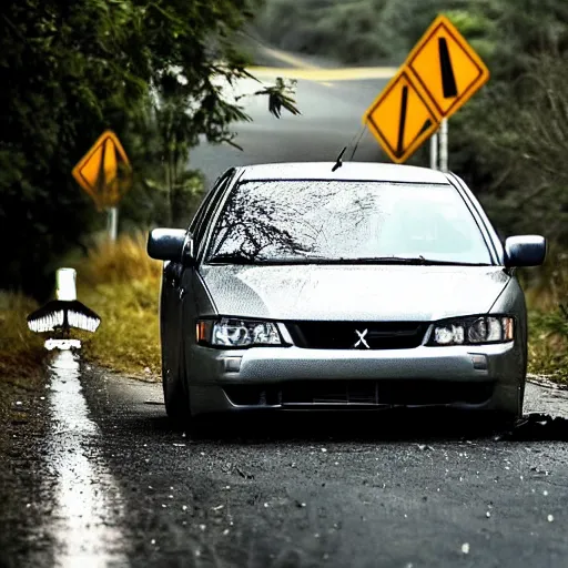 Prompt: “a silver Mitsubishi Lancer rolling down a road at night after an accident, shattered windscreen”