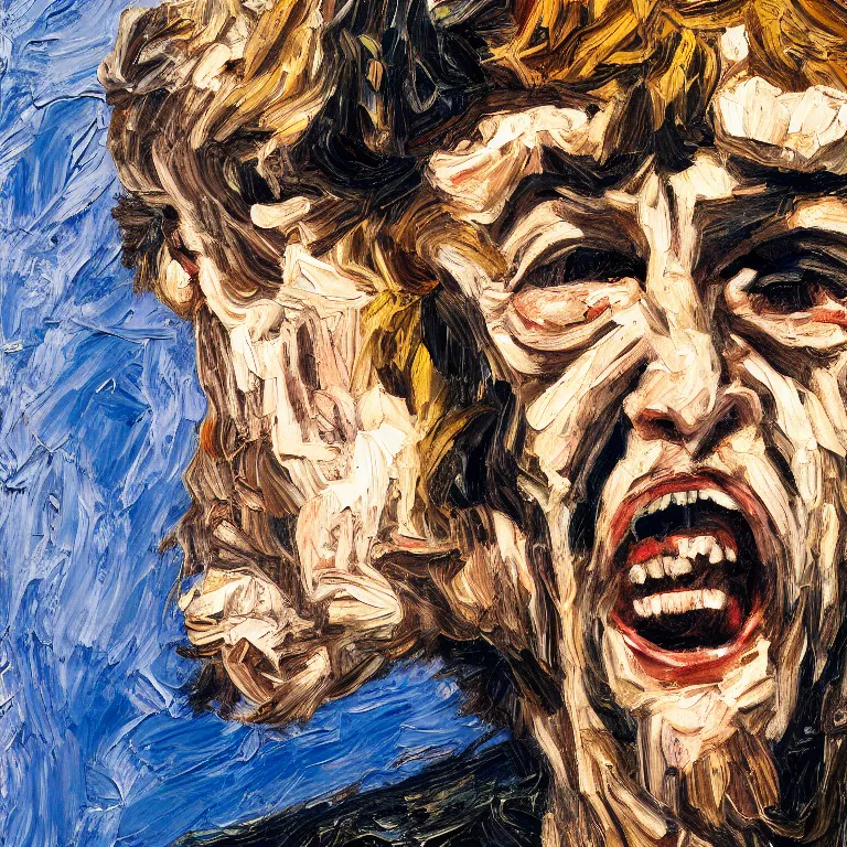 Image similar to warmly lit close up studio portrait of young angry! screaming George Harrison in 1965 furious!, impasto oil painting thick brushstrokes by Lucian Freud and Cy Twombly and Tim Hawkinson , trending on artstation dramatic lighting Expressionism