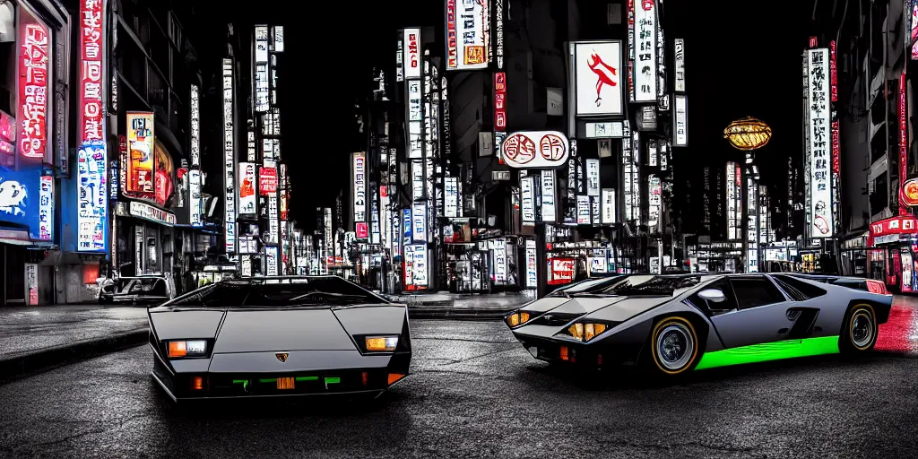 Image similar to photo lamborghini countach parked in a rainy neo tokyo street at night with neon light signs illuminating the scene, moody, hdr, 4 k