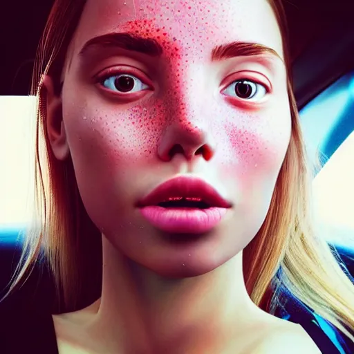 Image similar to beautiful hyperrealism hyperdetailed selfie of a cute young woman sitting in her car, flushed face, red blush, light freckles, puffy lips, soft features, 8 k, sharp focus, art by irakli nadar, instagram