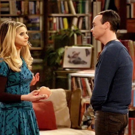 Prompt: a still from The Big Bang Theory of Sarah Michelle Gellar talking to Sheldon Cooper in his living room