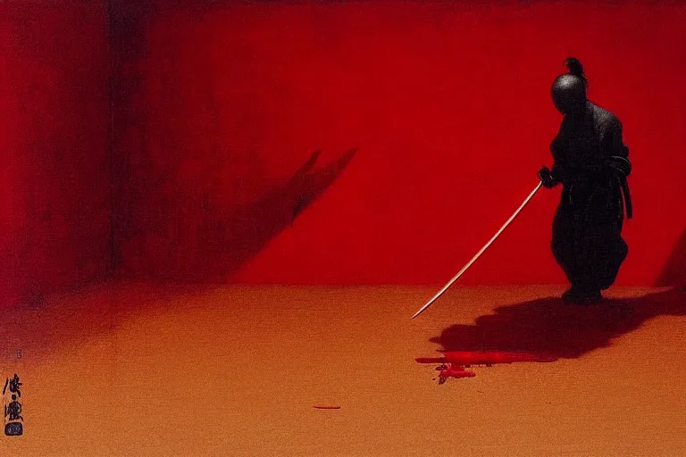 Image similar to only with red, a red samurai do seppuku, tokio, a lot of frogs watch, in the style of beksinski, parts by edward hopper, parts by rodcenko, parts by yue minjun, intricate and epic composition, red by caravaggio, insanely quality, highly detailed, masterpiece, red light, artstation, 4 k