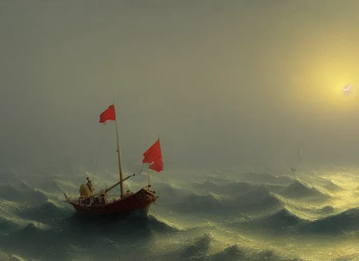 Image similar to A small quaint chinese junk in the dim yellow mist in the middle of a vast and expansive ocean, painting by Ivan Aivazovsky and Greg Rutkowski, artstation, fantasy, intricate, beautiful, cinematic, octane render, arnold render, 8k, hyper realism, detailed, sharp focus, 4k uhd, masterpiece, award winning