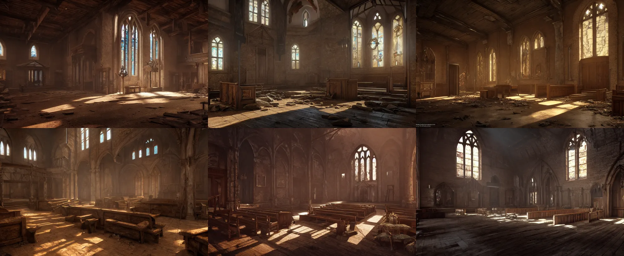 Prompt: photo - realistic scene of an old and abandoned church interior from wild west : : art by legends of runeterra, art by league of legends, art by dungeon and dragons : : trending on artstation, high details, 8 k