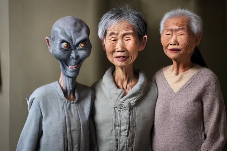 Image similar to old asian woman standing next to a grey alien