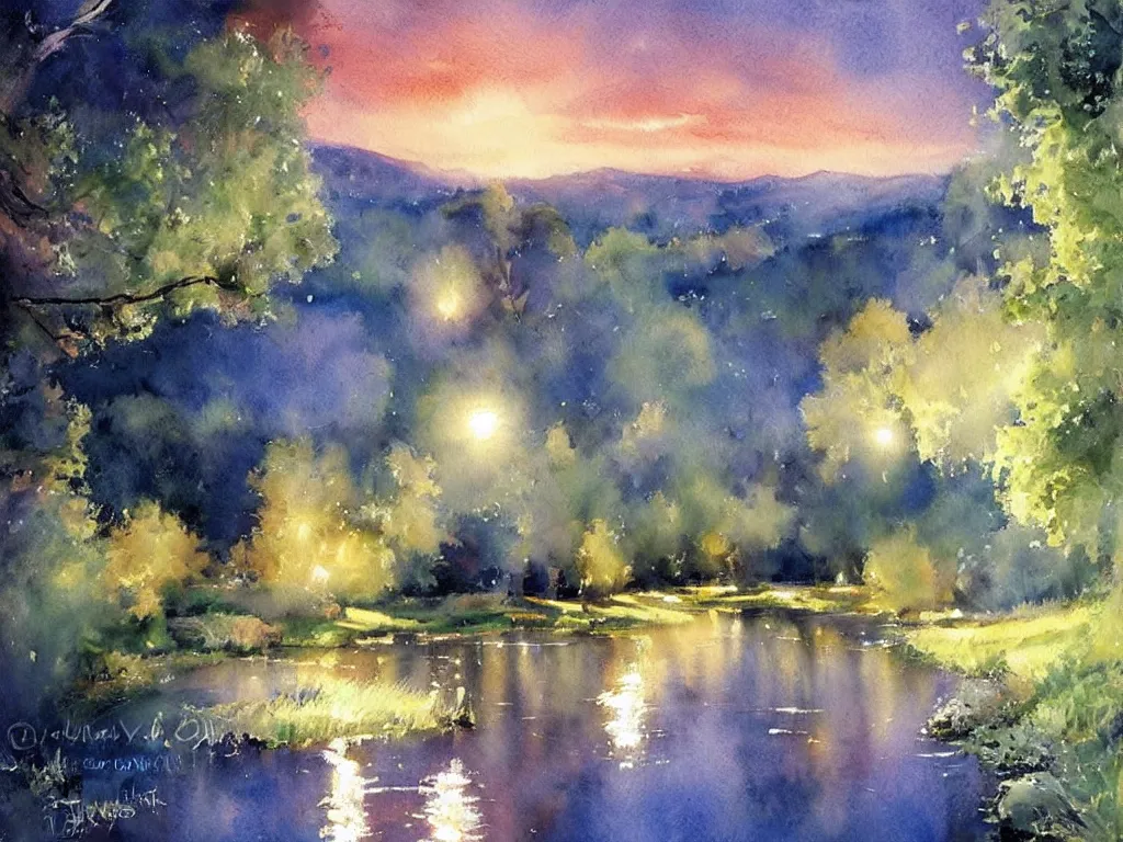 Prompt: A beautiful night in the swedish countryside, watercolor painting by Vladimir Volegov