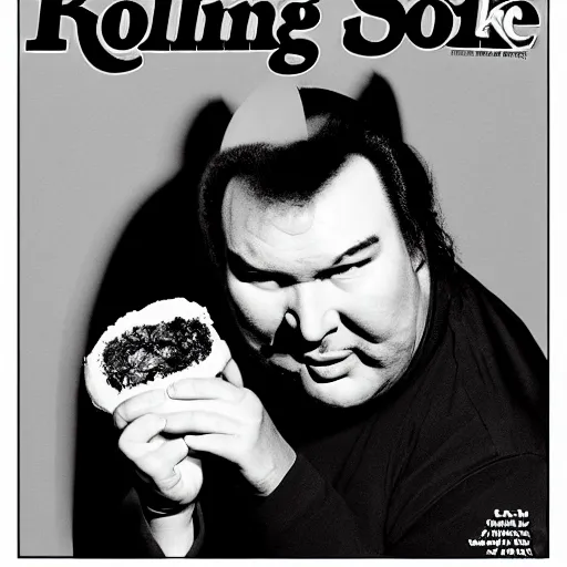 Prompt: rolling stone magazine portrait shot of a fat steven seagal eating a jelly donut, with jelly stains on clothes, 85mm, black and white