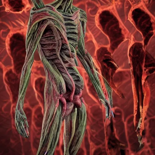 Image similar to A strange humanoid invader from another meat world stands in a modern room. Spikes, tumors, many eyes, veins, no skin. Bodyhorror style, without blurring, meat colors, extremely high detail, photorealism, 8k