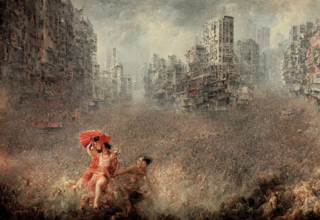 Image similar to 2 0 2 0 hong kong riot by jean honore fragonard. city buildings in the background. depth of field. high definition. 8 k. photography.