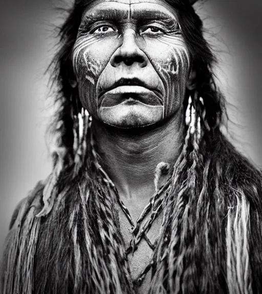 Image similar to Award winning Editorial photo of a Native Iroquois with incredible hair and hyper-detailed eyes wearing traditional garb by Edward Sherriff Curtis and Lee Jeffries, 85mm ND 5, perfect lighting, gelatin silver process