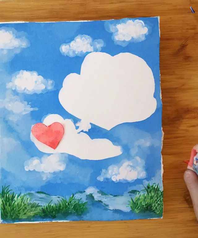 Prompt: a cute little dinosaur, water painting, heart - shaped clouds