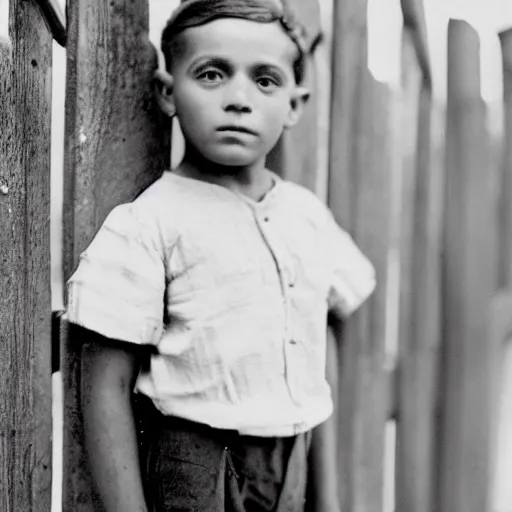 Prompt: the image is a lost 1 9 2 0 s photograph of a boy posing by fence. vibrant cinematography, anamorphic lenses, crisp, detailed image in 4 k resolution. 3 5 mm,