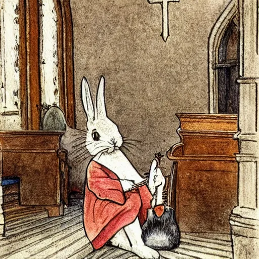 Prompt: a rabbit playing a violin inside a church, in the style of Carl larsson