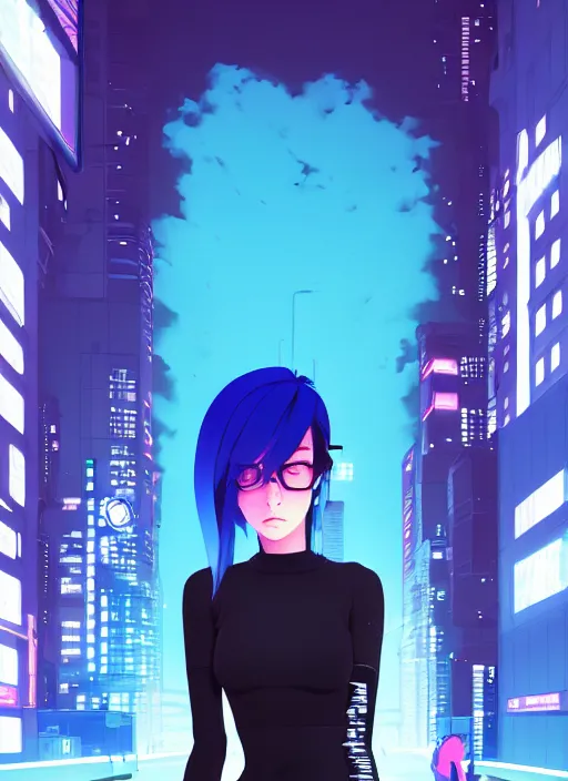 Image similar to digital illustrationportrait of cyberpunk pretty girl with blue hair, wearing a tight black dress, in city street at night, by makoto shinkai, ilya kuvshinov, lois van baarle, rossdraws, basquiat