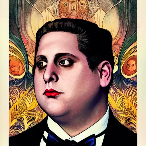 Prompt: an art nouveau streamline moderne portrait of jonah hill in the style of donato giancola and charles dulac and anna dittmann.