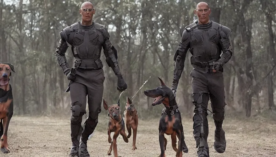 Image similar to big budget movie about a doberman super soldier