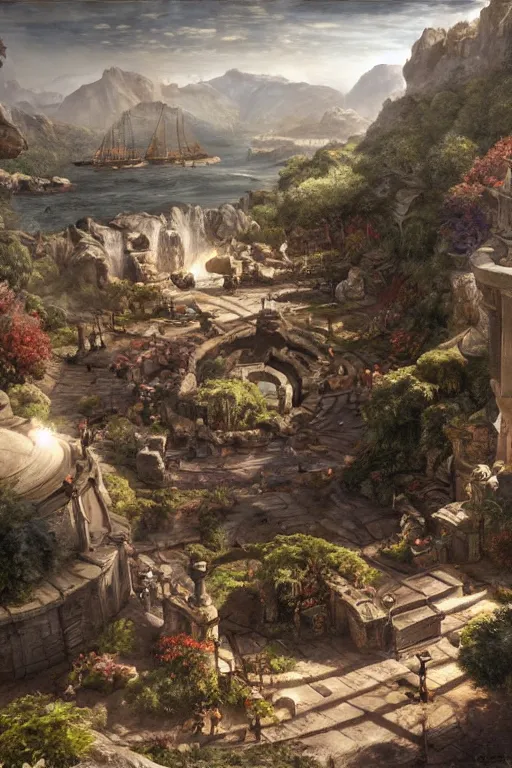 Prompt: garden of odysseus, landscape, alex ross, neal adams, david finch, concept art, matte painting, highly detailed, rule of thirds, dynamic lighting, cinematic, detailed, denoised, centerd