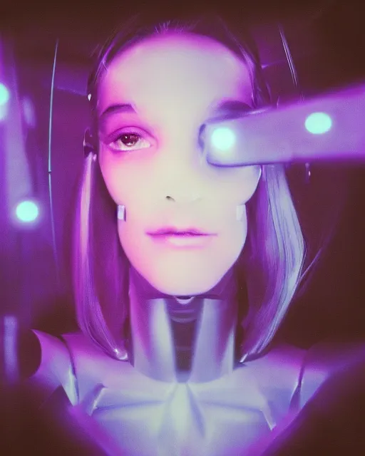 Prompt: cyber - polaroid of a female cyborg, ethereal, chrome vortex, scattered light