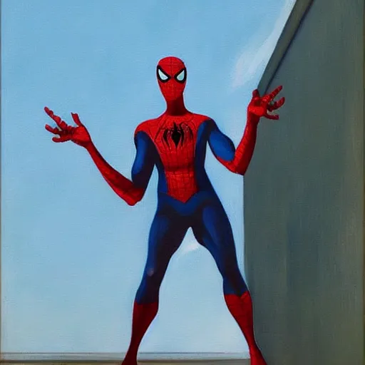 Prompt: Spiderman, 1942 oil on canvas painting, Edward Hopper