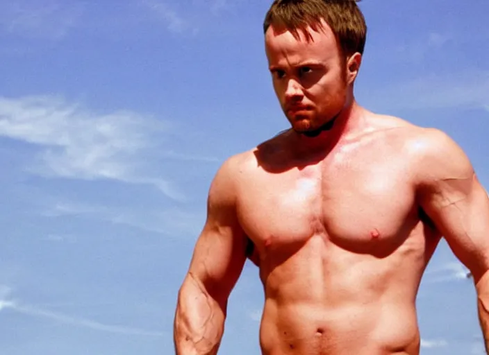 Prompt: extremely muscular Jesse Pinkman, upper body shot, movie still, photorealistic, shot by Vince Gilligan