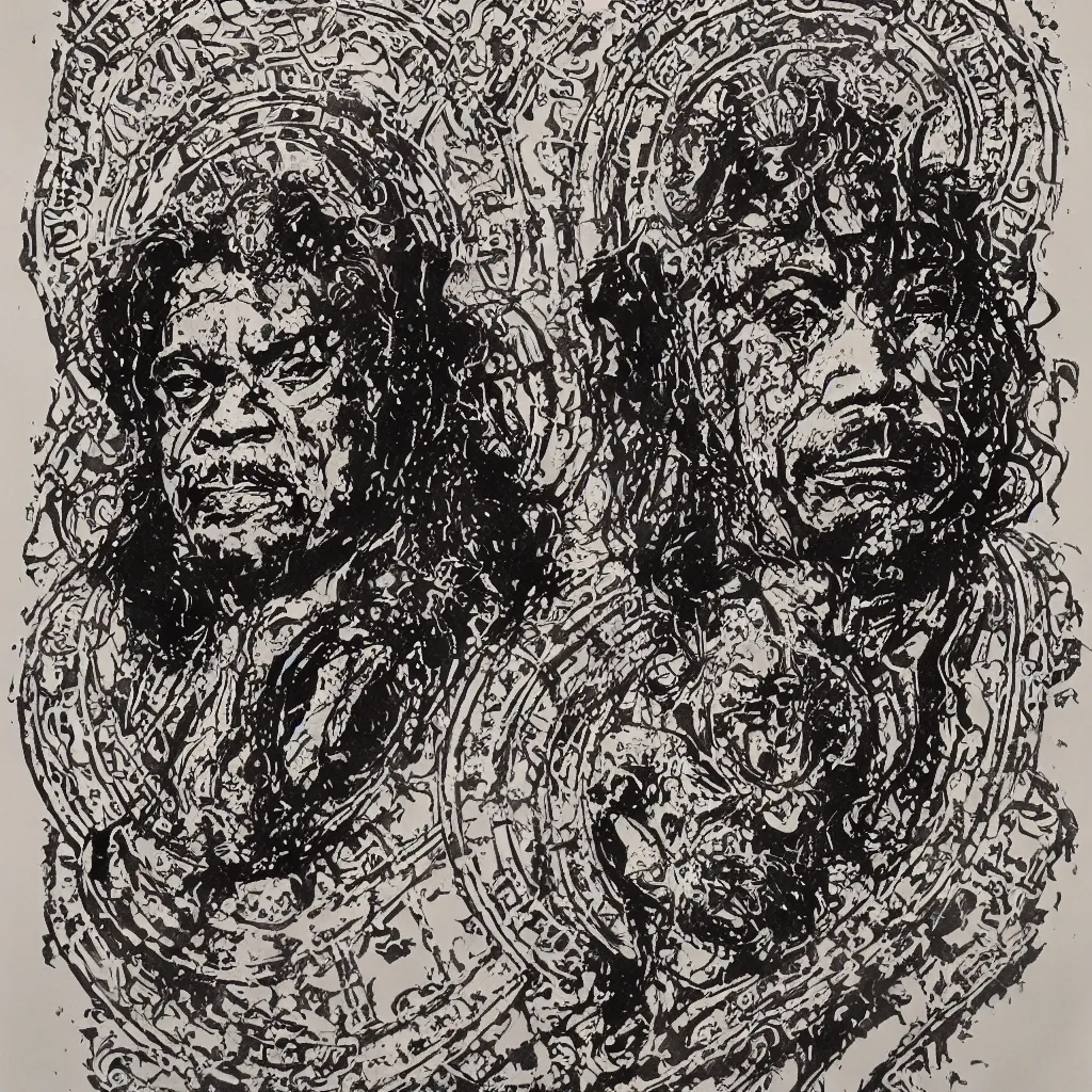Image similar to A dramatic art nouveau bust portrait of James Earl Jones with long black hair as Thulsa Doom in scratchy rune-carved armor, framed with metallic art nouveau shield designs around the borders, by Travis Charest, Jia Ruan and Bill Sienkiewicz, watercolor, bleed, splatters, random brush strokes, epic lighting and depth of field, sinister ambience, malevolent expression, determination, dominance, confidence, mixed media painting, accurate symmetrical facial details, perfect symmetry, sumerian, roman, egyptian, medieval, intricately detailed