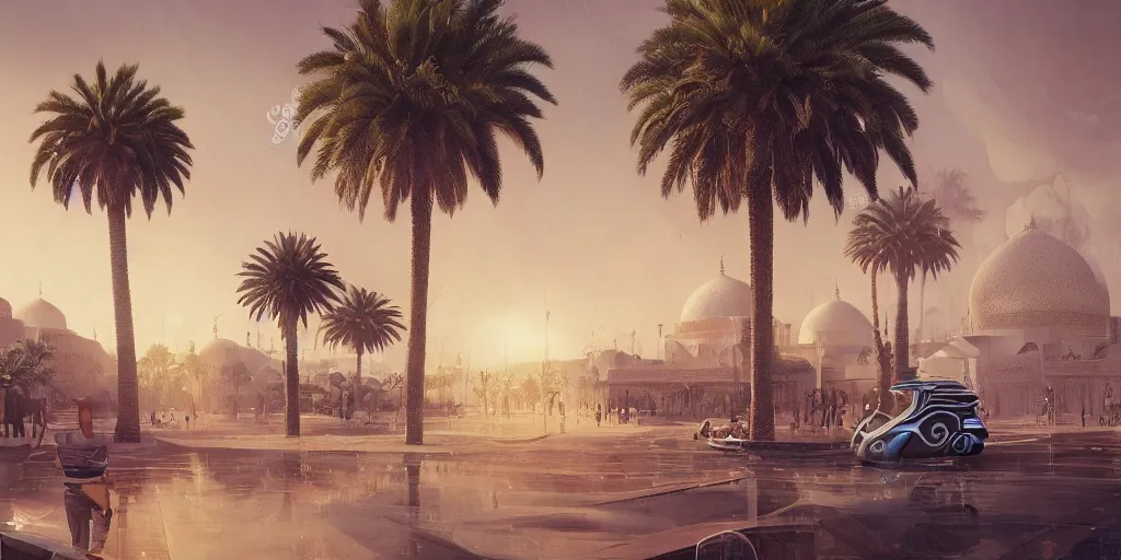 Image similar to Futuristic Marrakech, palm trees, Flying Taxi ,Moroccan mosque ,WLOP, James Jean, tom bagshaw, rococo, trending on artstation, fantasy, intricate, elegant, highly detailed, digital painting, concept art, smooth, illustration, cinematic lighting, hyper realism, octane render, 8k, hyper detailed.