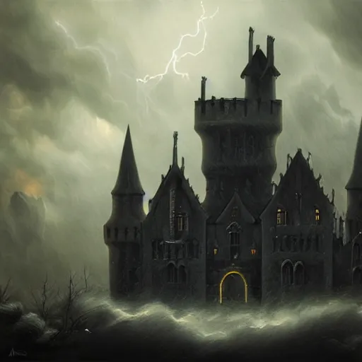 Image similar to dark and stormy eerie gothic castle with lightning, extremely detailed, oil painting, 8k, trending on artstation