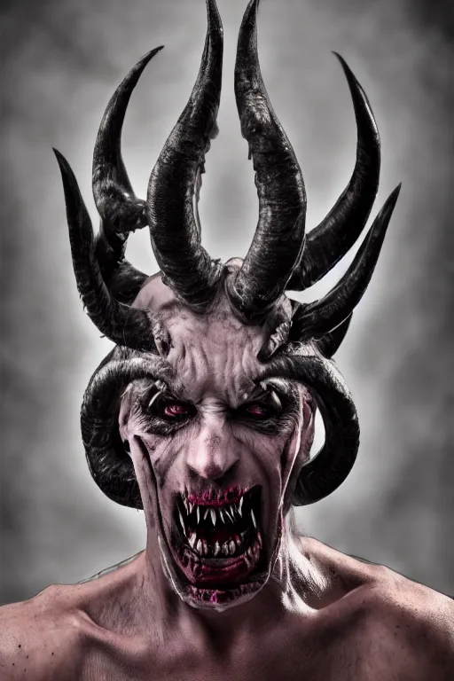 Prompt: man demon hybrid, full black eyes, spiral horns, character portrait, soft studio lighting, Pentax 35mm camera photorealistic, horror