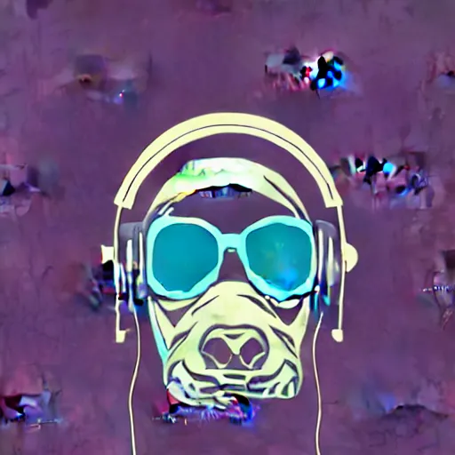 Prompt: a close up of a beautiful rhino wearing shades and headphones, in retro colors, synthwave style, 2 d digital vector art